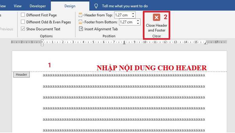 cách chỉnh header and footer trong Word